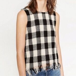 Zara Basic Tweed Checkered Fringe Sleeveless Tank Top in Black & Cream Sz Small